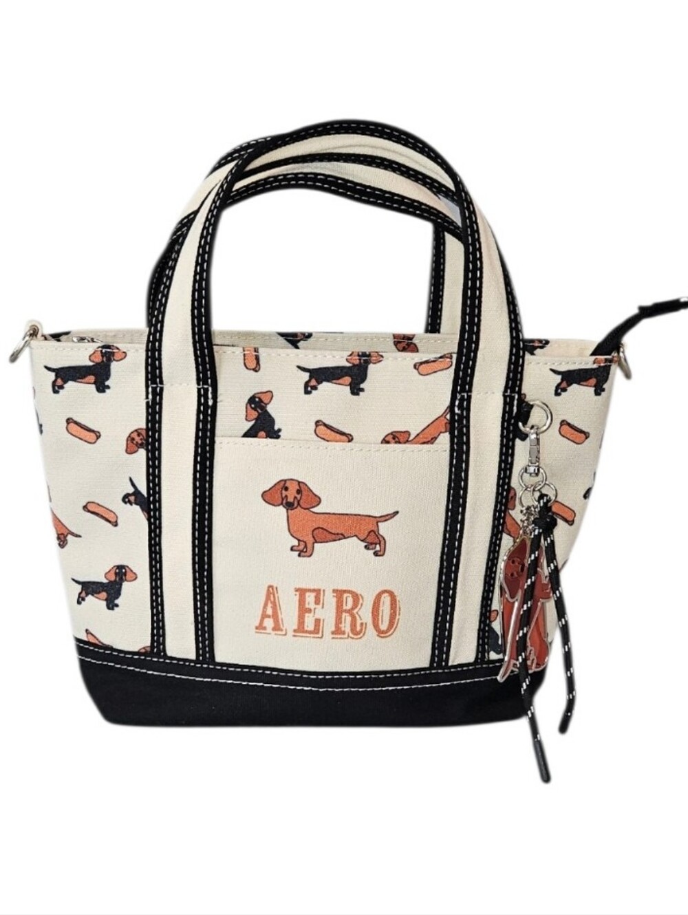 Aeropostale EUC Viral Dachshund Canvas Mini Tote with Dog & Hot Dog Purse Charms